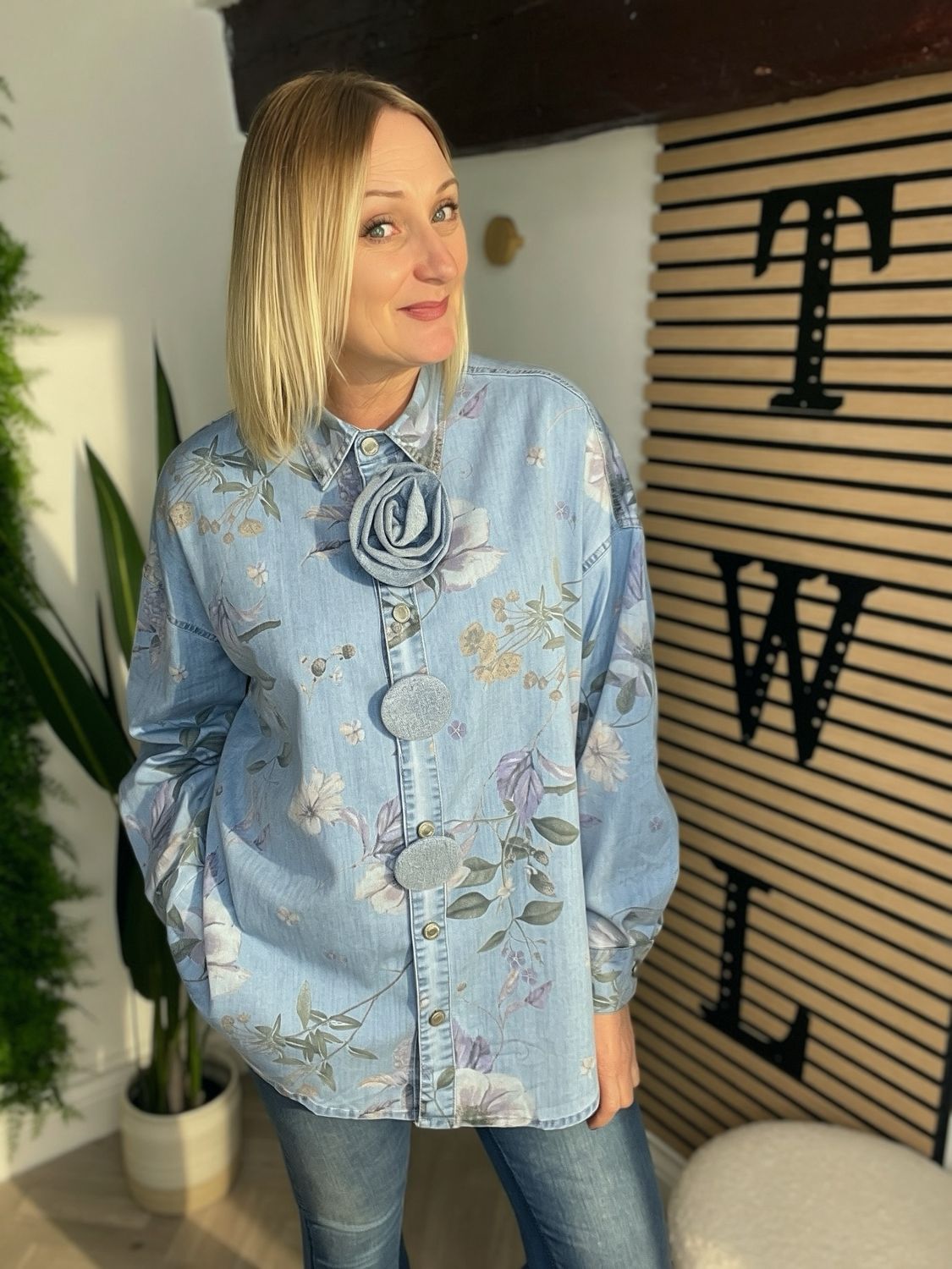 Denim Shirt Large Button Detail - Mid Wash