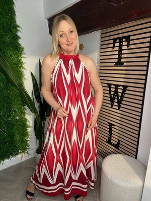 Halter Neck Maxi Dress - Red & Ecru