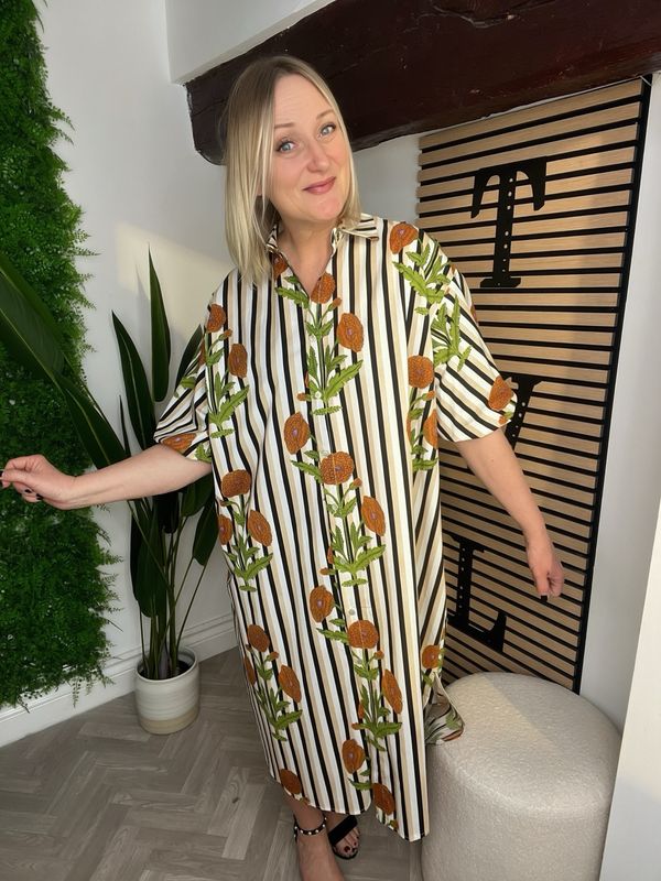 Lake Como Dress - Black, Olive & Tan Stripe