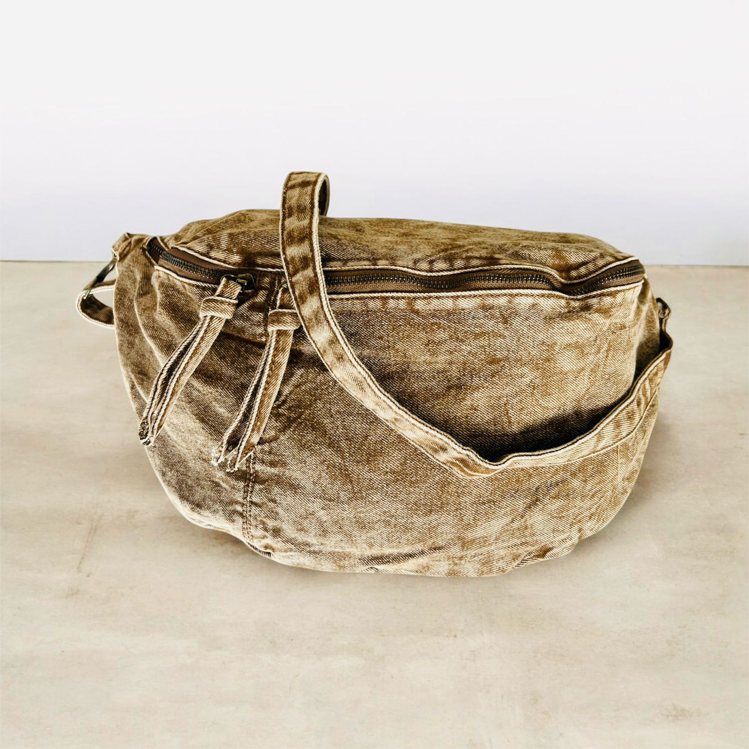 XL Crossbody Denim Bag - Distressed Camel