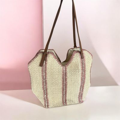 Raffia Tote Shoulder Bag - Ecru & Rose