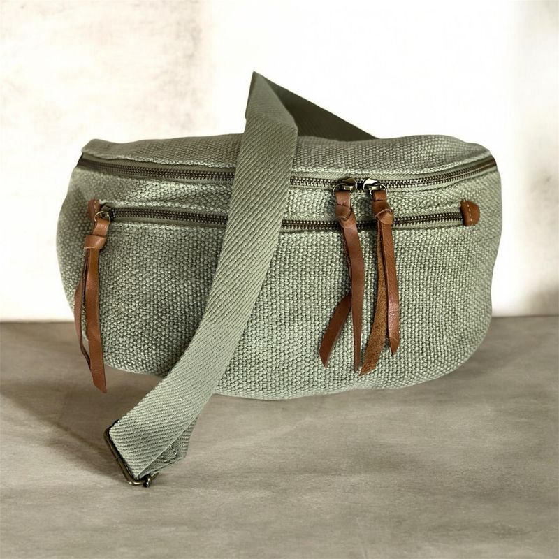 Hessian Crossbody Bag Strap With Leather Detail - Khaki