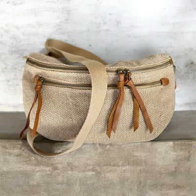 Hessian Crossbody Bag Strap With Leather Detail - Camel