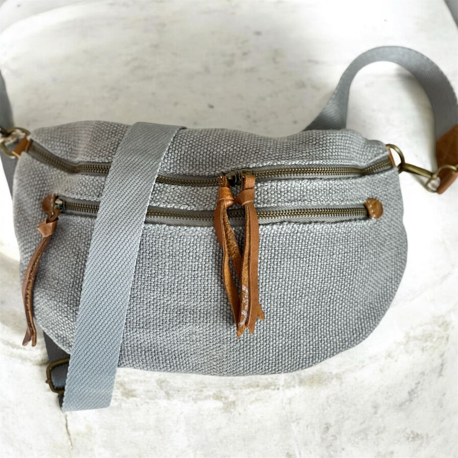 Hessian Crossbody Bag Strap With Leather Detail - Grey