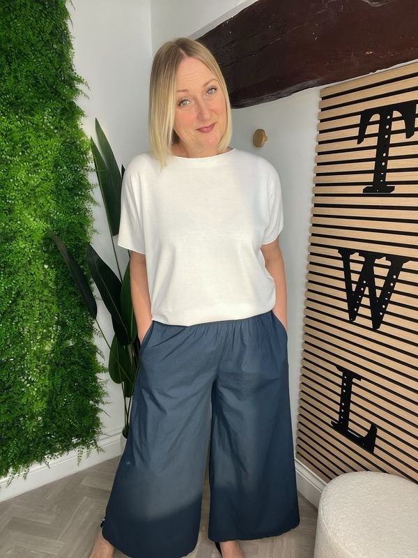 Wide Leg Cotton Trousers - Navy