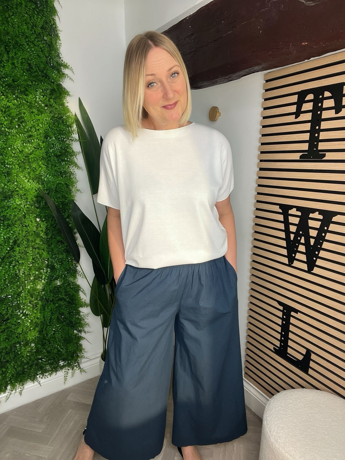 Wide Leg Cotton Trousers - Navy