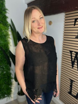 Appliqué & Crochet Hem Sleeveless Top - Black