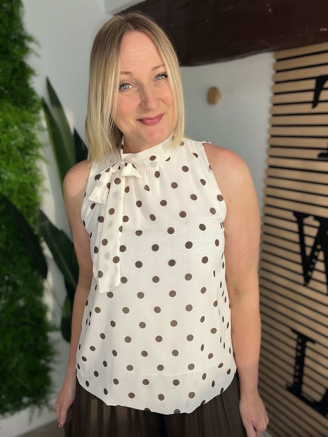Polka Dot Bubble Hem Blouse - Cream & Chocolate