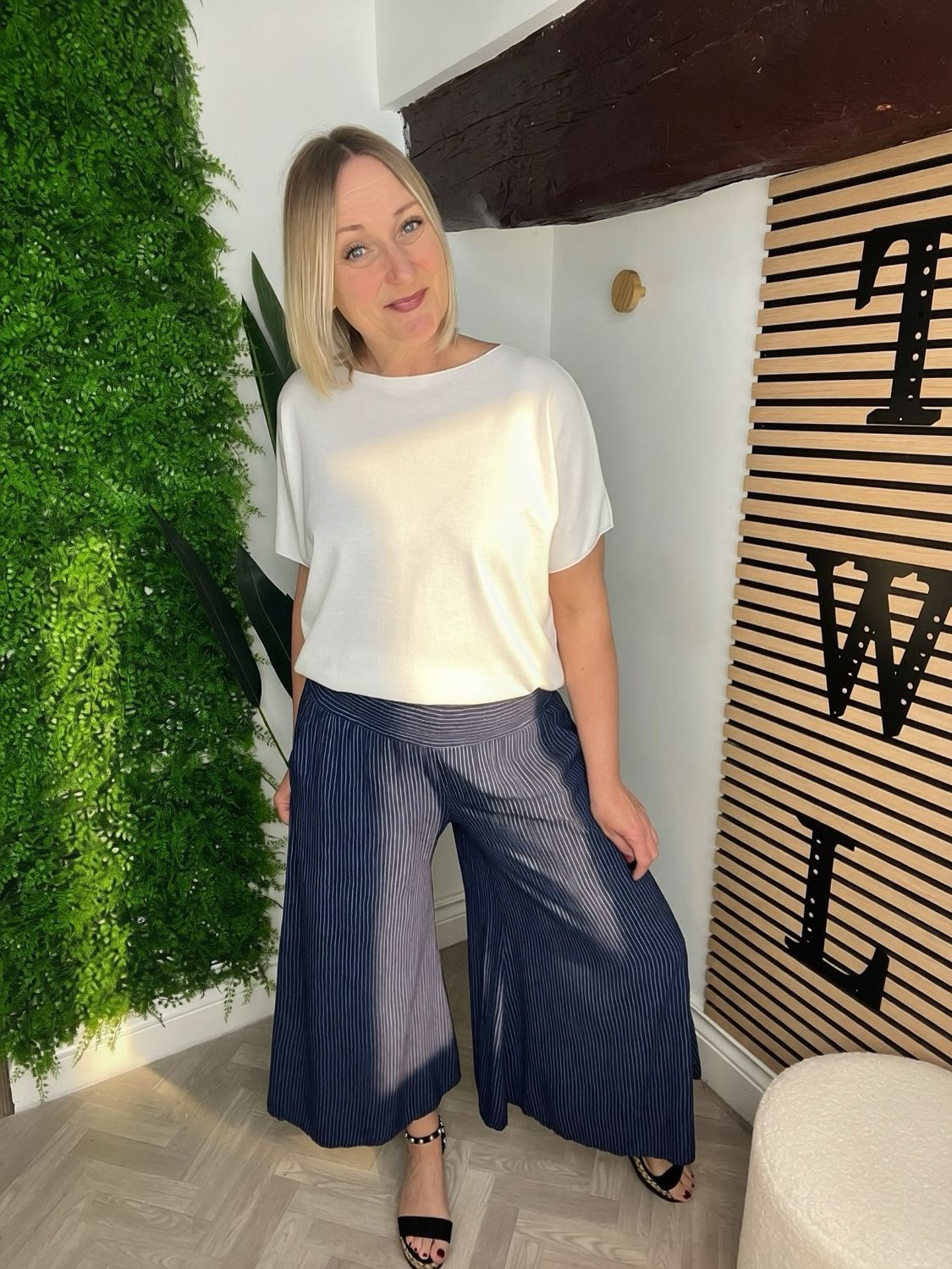 Pinstripe Palazzo Trousers - Navy