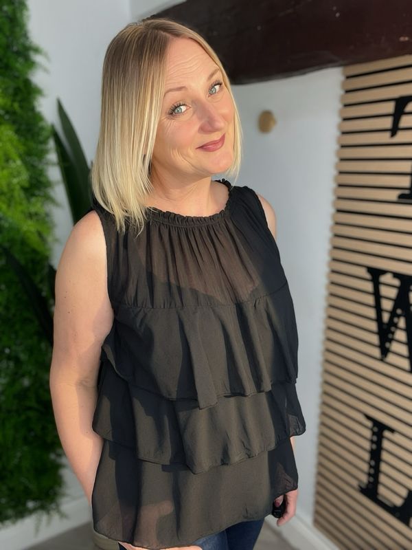 Smock Frill Sleeveless Top - Black