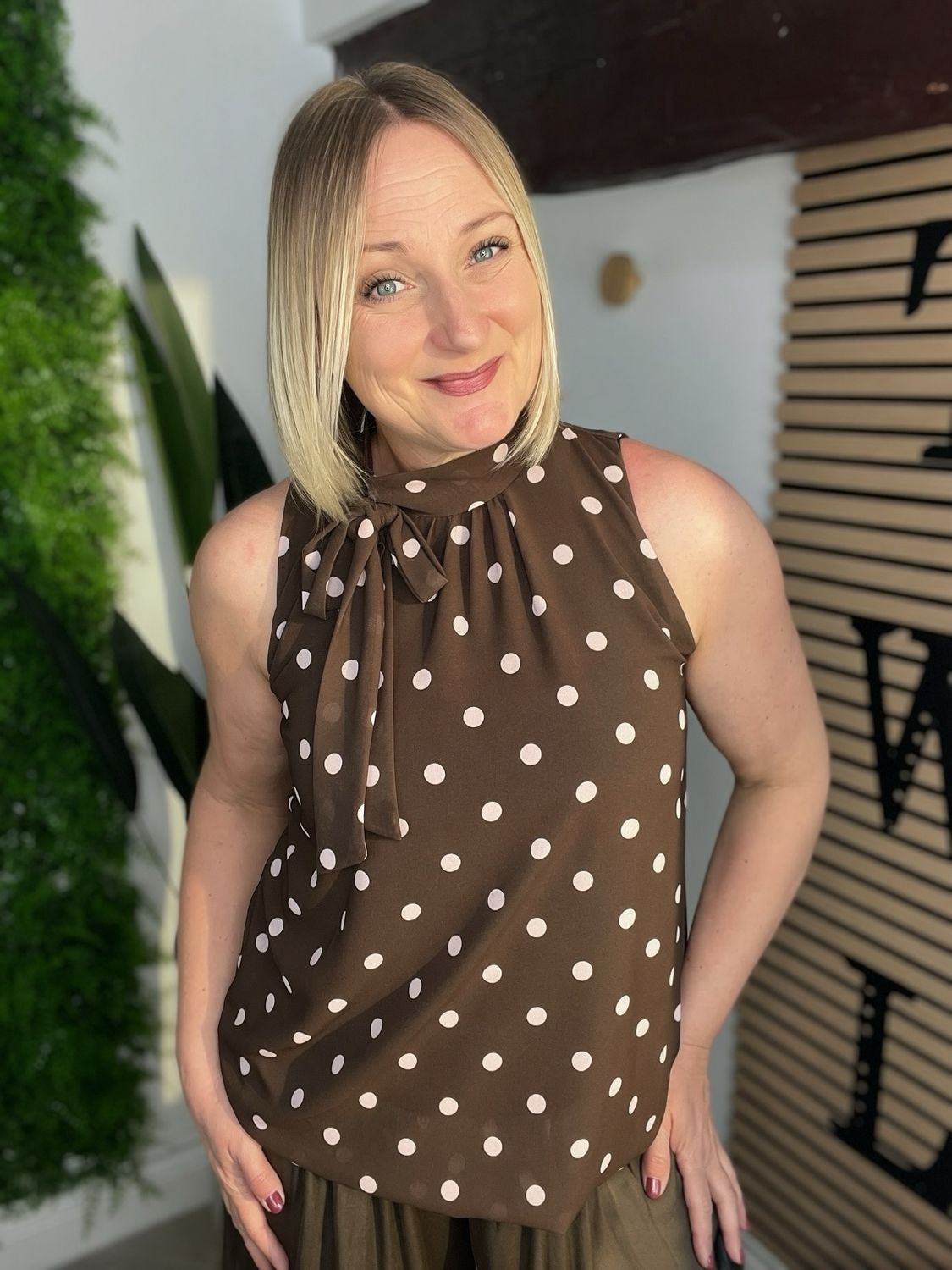 Polka Dot Bubble Hem Blouse - Chocolate & Pink