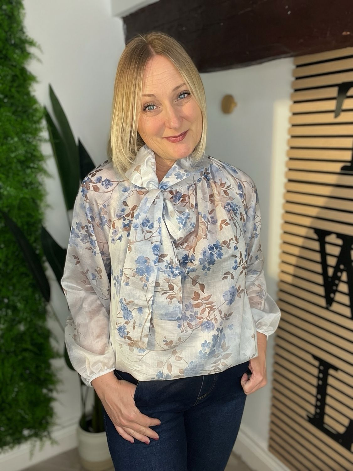 Blossom Blouse With Pussy Now - Silver Grey & Blue