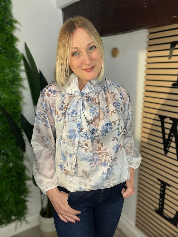 Blossom Blouse With Pussy Now - Silver Grey & Blue