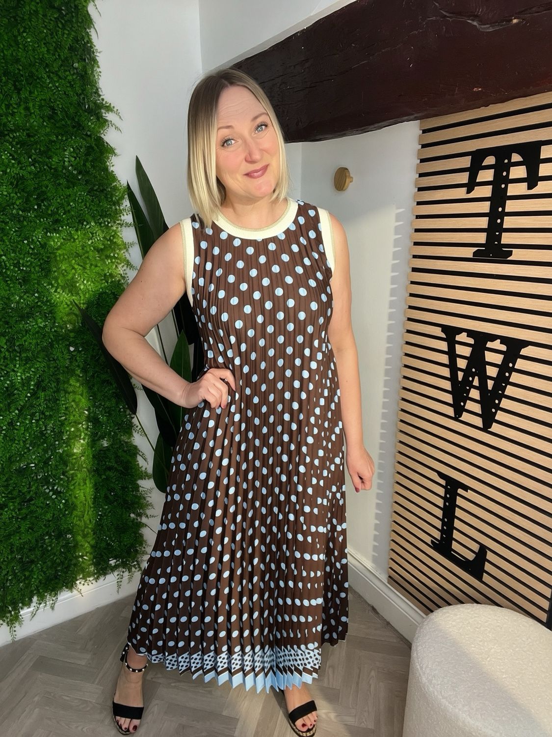 Polka Dot Maxi Pleat Dress - Light Blue & Chocolate