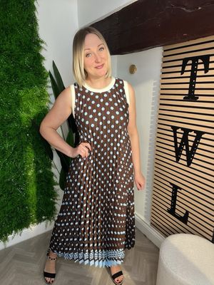 Polka Dot Maxi Pleat Dress - Light Blue & Chocolate