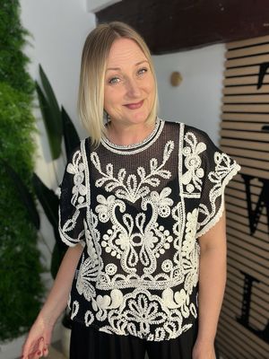 Teabag & Crochet Detailed Top - Black & Ecru