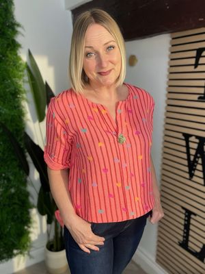 Waffle Notch Neck Stripe & Heart Top - Coral