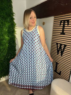 Polka Dot Maxi Pleat Dress - Light Blue & Wine