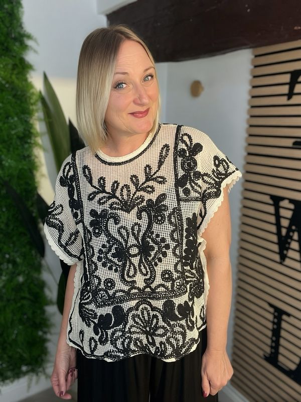 Teabag & Crochet Detailed Top - Ecru & Black