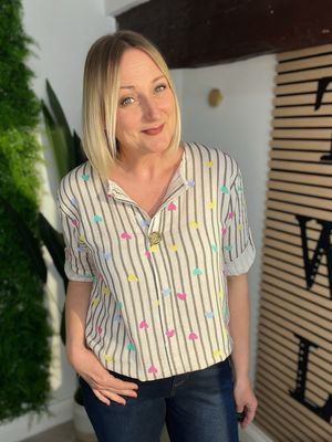 Waffle Notch Neck Stripe & Heart Top - Latte