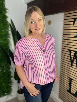 Waffle Notch Neck Stripe & Heart Top - Pink