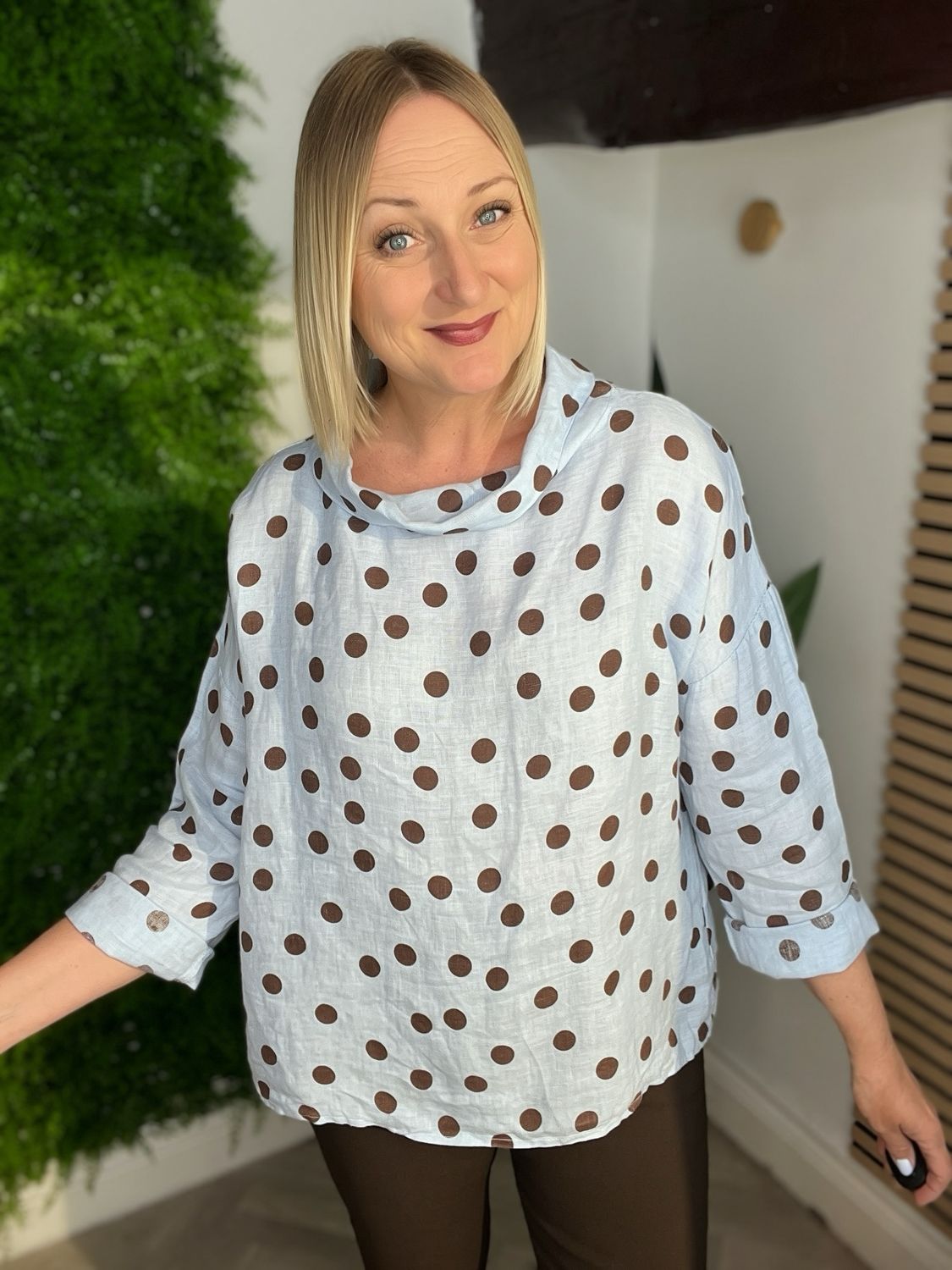 Polka Dot Linen Top - Blue & Chocolate