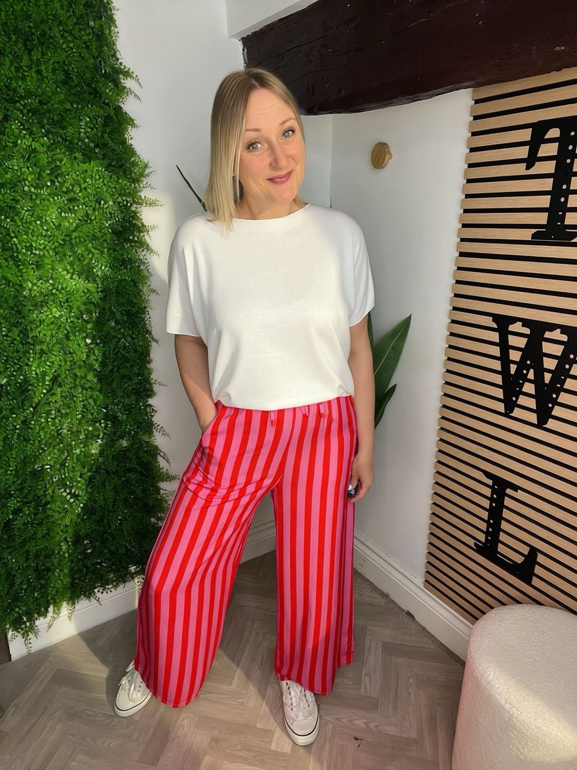 Striped Wide Leg Trousers - Red & Pink