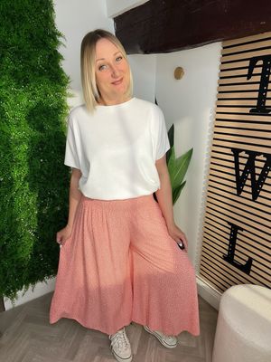 Mini Dot Palazzo Trousers - Coral & White