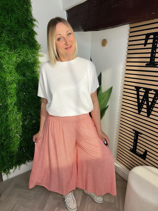Mini Dot Palazzo Trousers - Coral & White