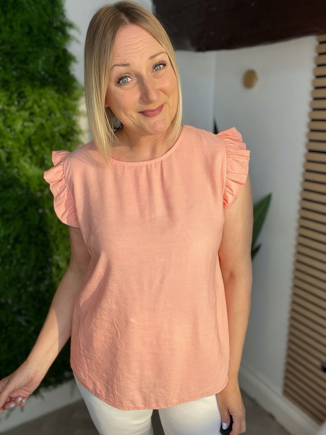 Frill Sleeve & Button Back Detail Top - Coral