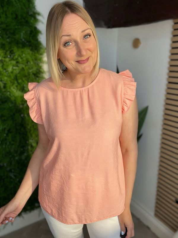 Frill Sleeve & Button Back Detail Top - Coral