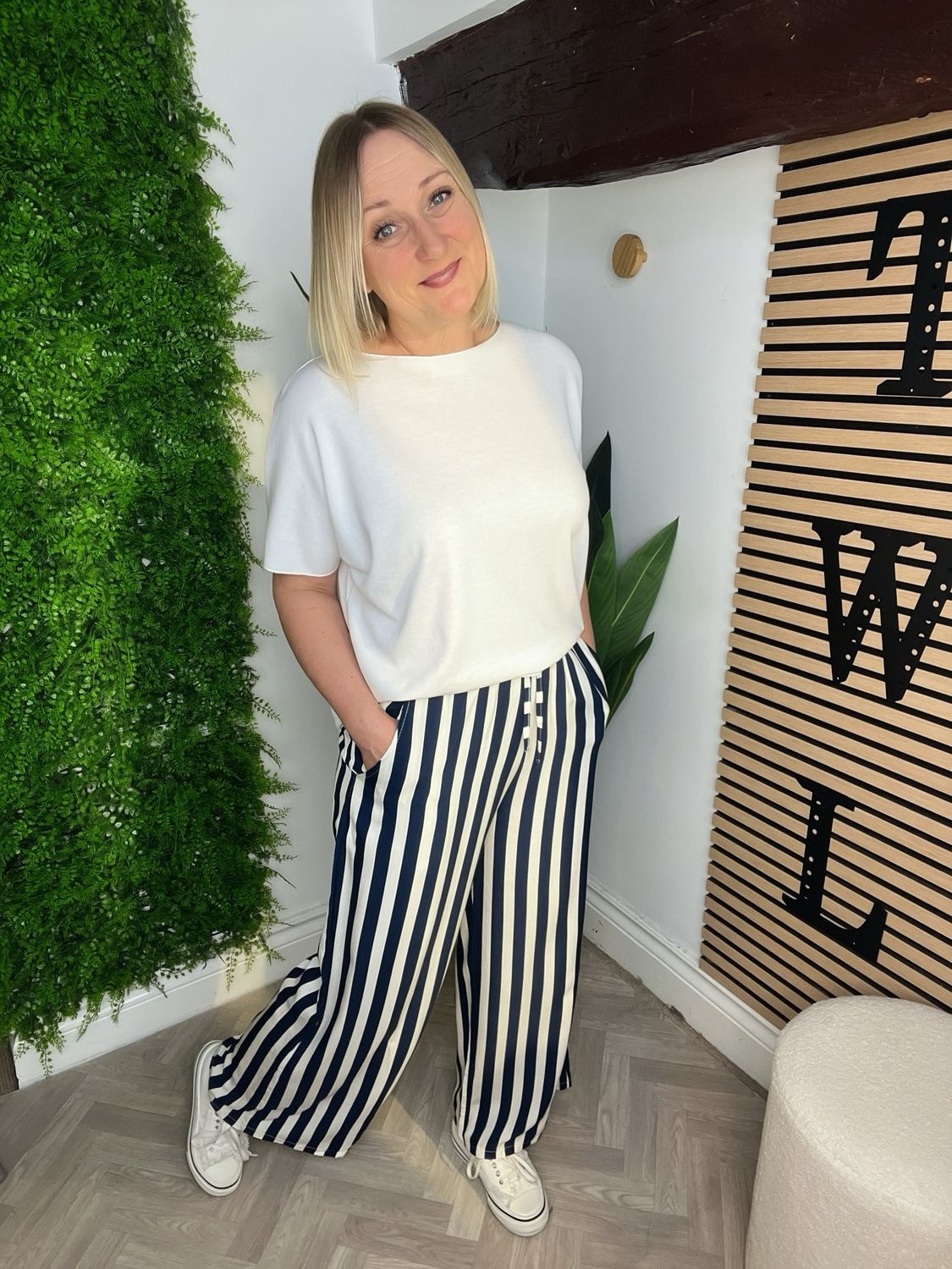 Striped Wide Leg Trousers - Navy & White