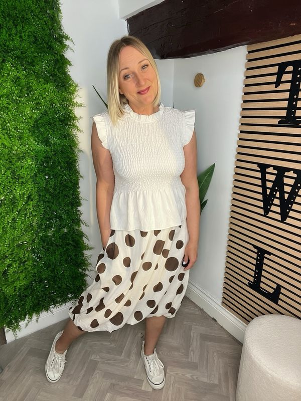 Polka Dot Bubble Hem Skirt - Ecru/Stone & Chocolate