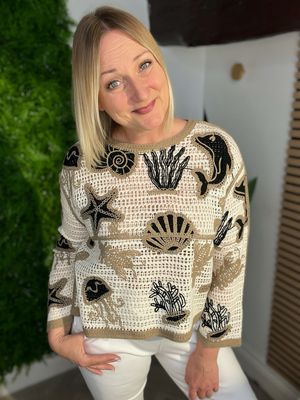 Crochet Box Fit ‘ Of The Sea’ Top - Black, Cream & Taupe