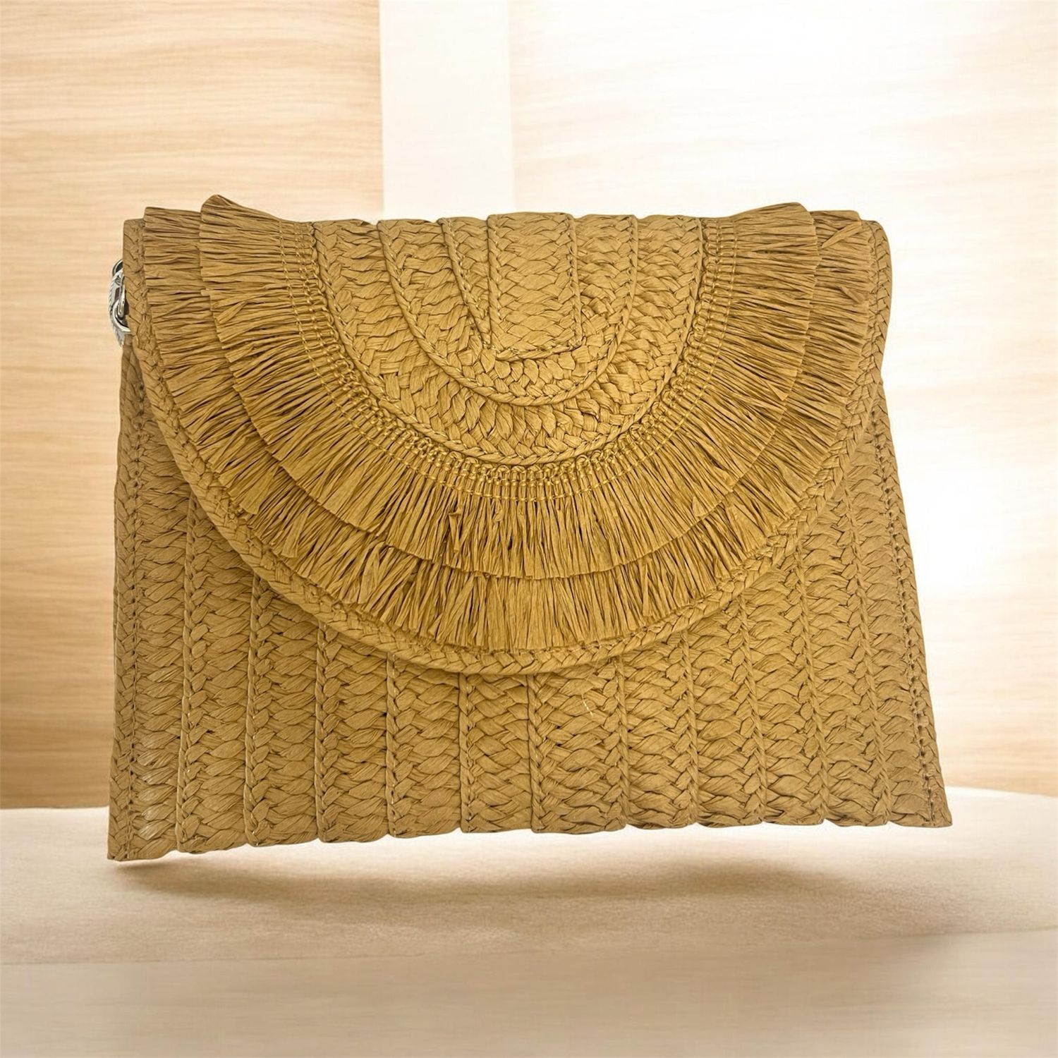 Raffia Envelope Bag With Detachable Shoulder Strap - Camel