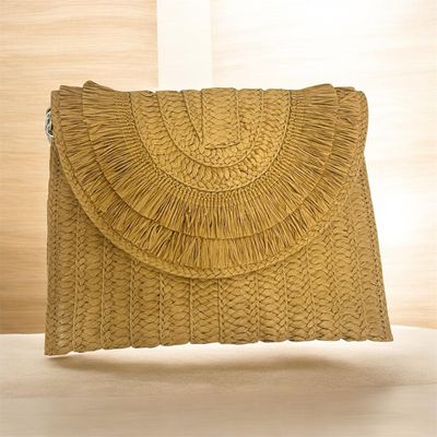 Raffia Envelope Bag With Detachable Shoulder Strap - Camel