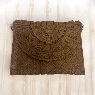 Raffia Envelope Bag With Detachable Shoulder Strap - Brown
