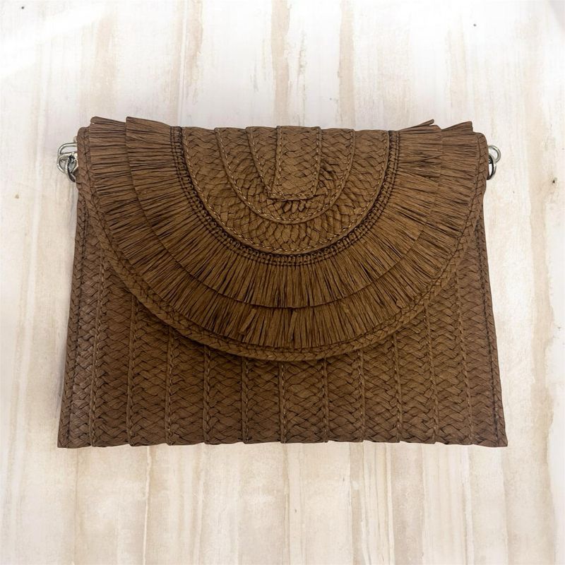 Raffia Envelope Bag With Detachable Shoulder Strap - Brown
