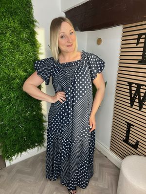 Polka Dot Bardot Maxi Dress - Navy & Light Blue