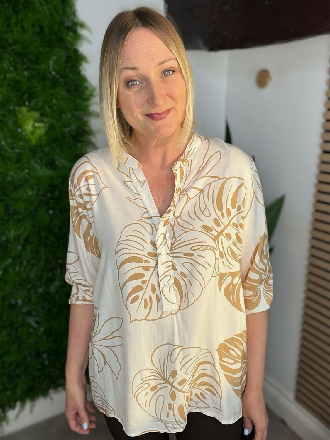 Palm Print Blouse - Cream And Camel