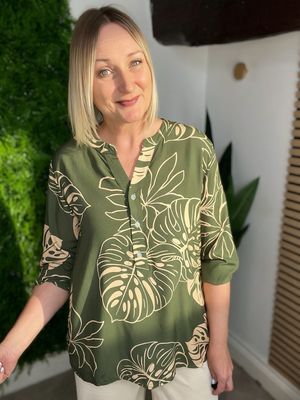 Palm Print Blouse - Khaki & Beige
