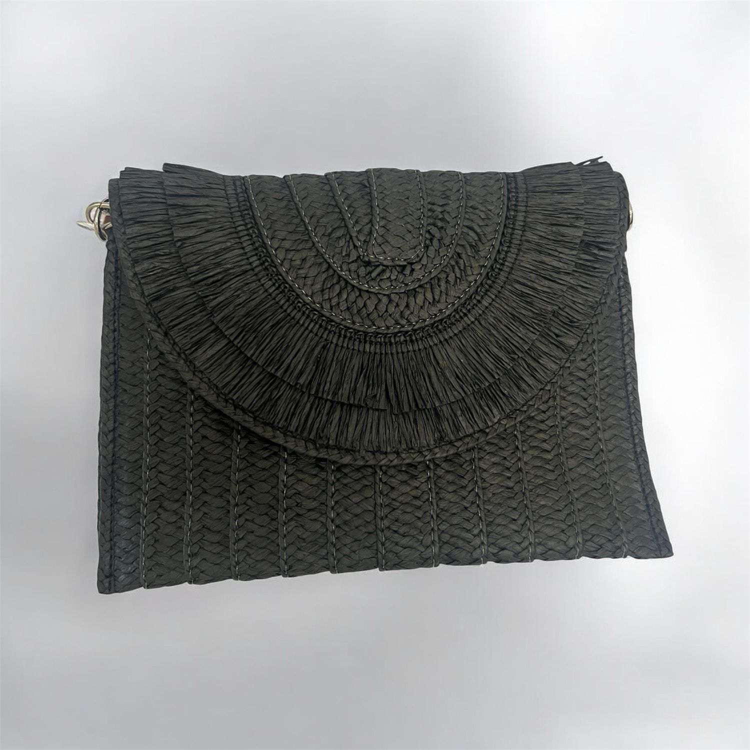 Raffia Envelope Bag With Detachable Shoulder Strap - Black