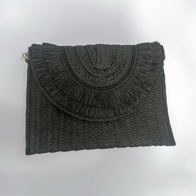 Raffia Envelope Bag With Detachable Shoulder Strap - Black