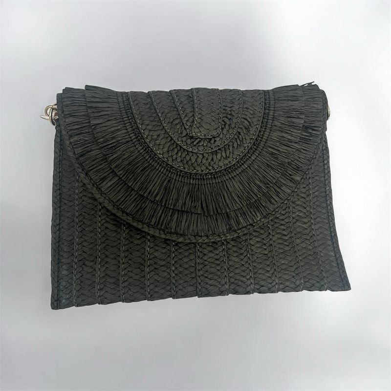 Raffia Envelope Bag With Detachable Shoulder Strap - Black