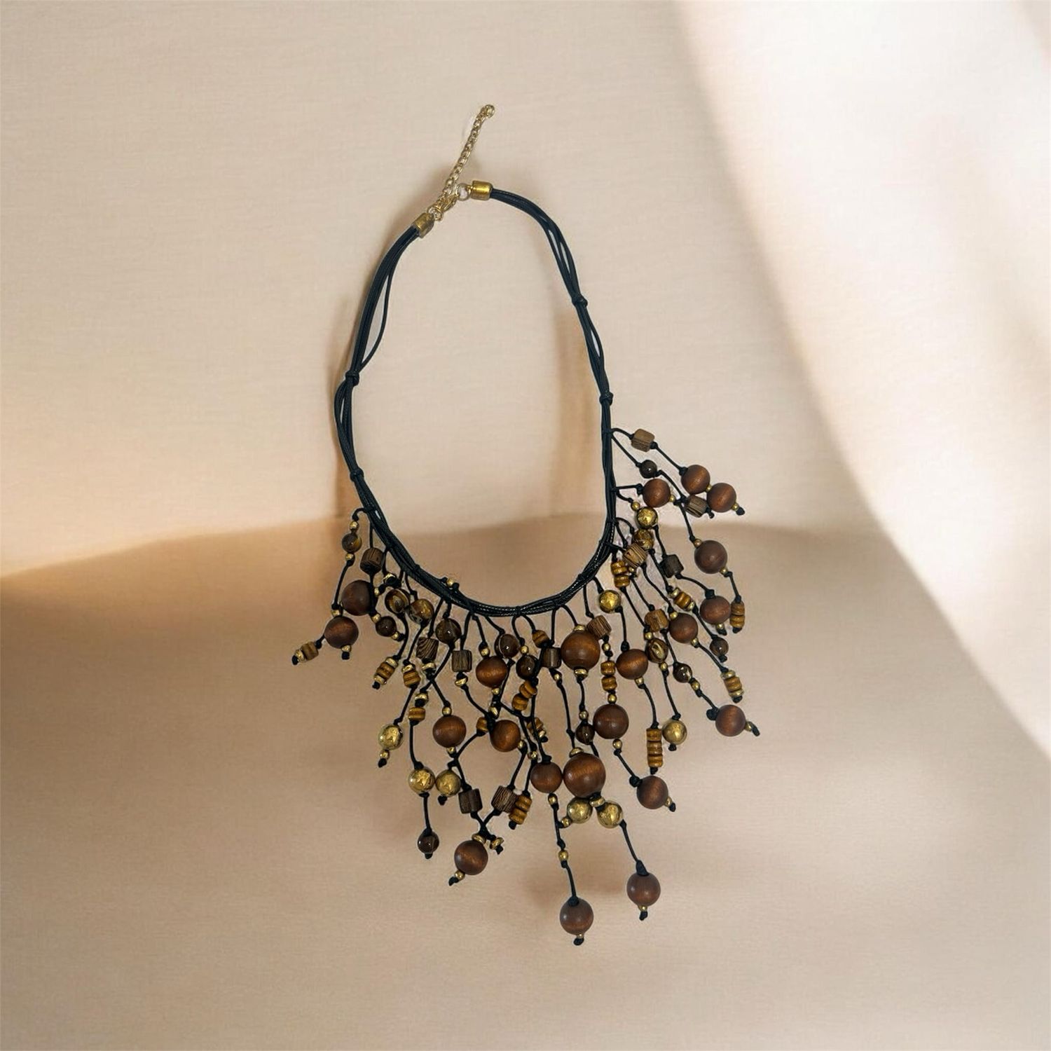 Wooden Beads Multi Drop Necklace- Mahogany