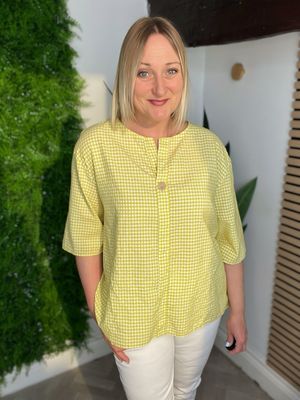 Gingham Notch Neck Top - Mustard