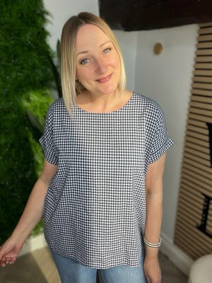 Gingham Capped Sleeve Top - Navy