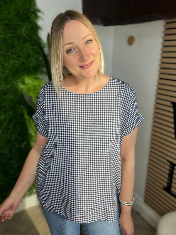 Gingham Capped Sleeve Top - Navy