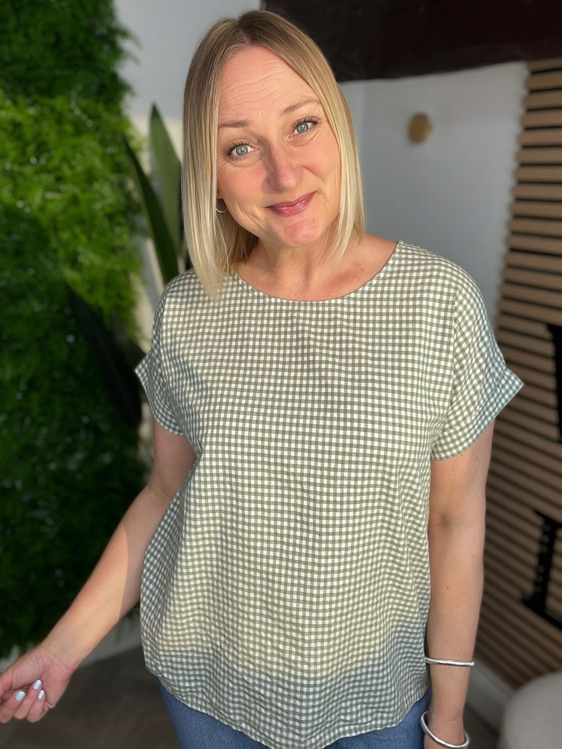 Gingham Capped Sleeve Top - Khaki