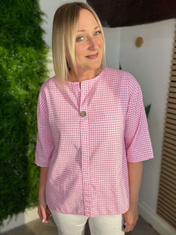 Gingham Notch Neck Top - Pink